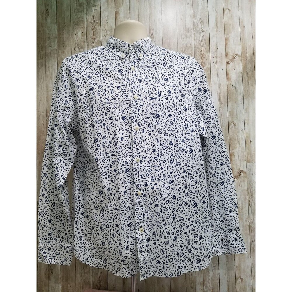 H&M Men’s White Blue Geometrical Pattern Long Sleeve Button Up Shirt Size M 159 - Picture 2 of 10